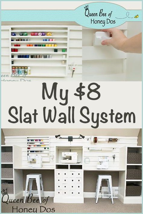 Easy DIY wall storage system! Perfect for craft rooms or workshop storage! #DIY #storage #woodworking #queenbeeofhoneydos Slat Wall Craft Room, Craft Room Storage Wall, Craftroom Storage Wall, Diy Craft Wall Storage, Slat Wall Organization Craft Rooms, Wall Mounted Craft Storage, Craft Room Wall Storage Diy, Diy Slat Wall Storage, Craft Room Storage Cabinets Diy