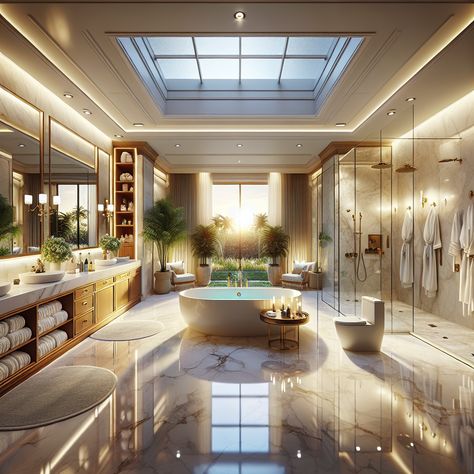 Welcome to an elegant, open-plan master bathroom, featuring creamy white marble interiors, a double-skin vanity, rain shower, and an impressive bathtub under a skylight. Enjoy panoramic garden views from the floor-to-ceiling window. #LuxuryBathroom #MarbleBathroom #RainShower #FreestandingBathtub #GardenViews #BathroomDesign Luxury Bathroom Ideas Master Suite, Bathrooms Luxury Modern, Bathroom With Skylight, Dream Bathroom Luxury, Big Bathroom Design, Master Bathrooms Luxury, Patio Balcony Ideas, Bathrooms Luxury, Double Skin