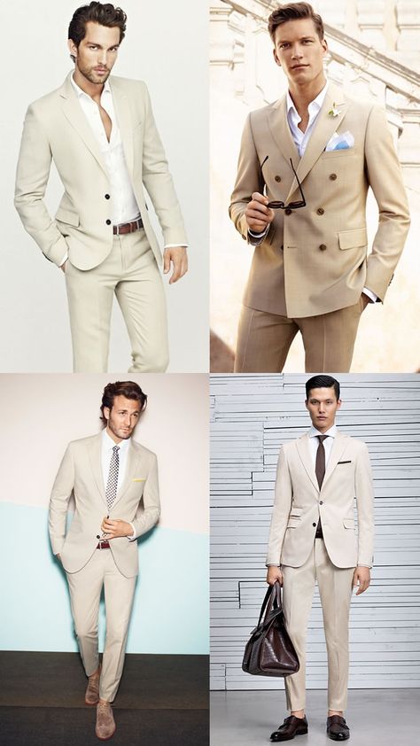 Beige Suits Wedding, Costume Beige, Summer Wedding Suits, Summer Suits Men, Cream Suit, Blazer Outfits Men, White Shirt Outfits, Beige Suits, Wedding Suits Groom