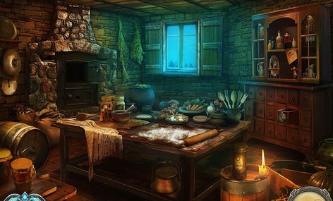 Magical Cottage Interior, Witch House Interior, Haunted Cottage, Hut Interior, Fantasy Interior, Witch Hut, Interior Concept Art, Witchy Kitchen, Witch Room