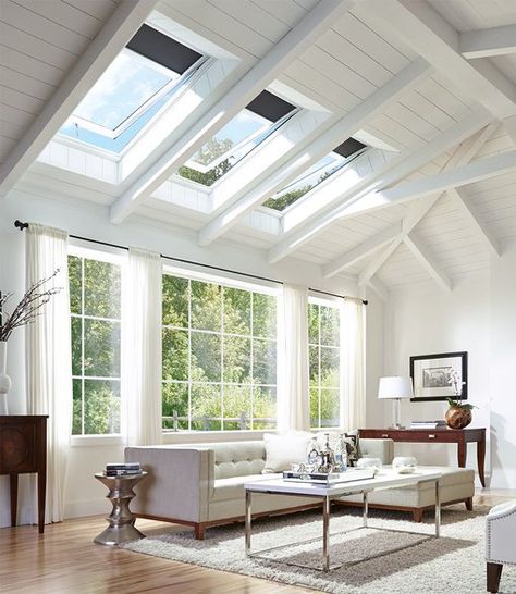 A Homeowner's Guide to Skylights and Roof Windows | Hunker Skylight Living Room, Skylight Installation, Velux Skylights, Skylight Window, Midcentury Design, Mid Century Modern Living, Transitional Living, Roof Window, Coastal Living Rooms