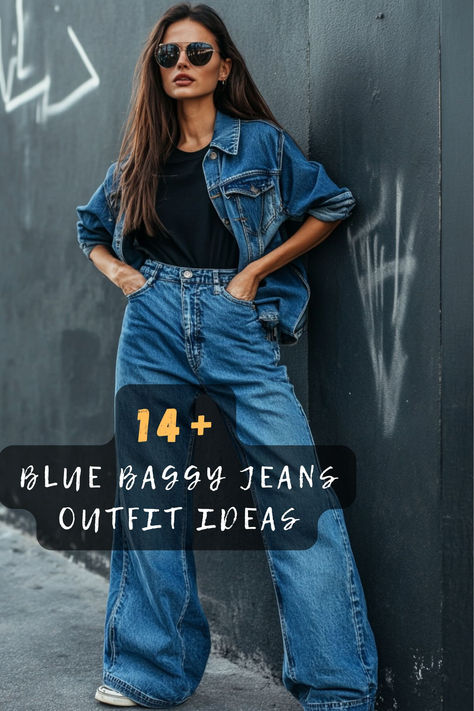 Blue baggy jeans are a wardrobe must-have! These 14 outfit ideas show how to style them with crop tops, oversized blazers, and sneakers for a chic vibe. Click now! 👖✨👟 #BaggyJeansStyle #BlueJeansOutfits #CasualFashion #StreetStyleInspo #WardrobeGoals #TrendyLooks #OutfitIdeas Baggy Jeans And Sneakers Outfit, Blazers And Sneakers, Blue Baggy Jeans Outfit, Baggy Jeans Outfit Ideas, Jeans And Sneakers Outfit, Blue Baggy Jeans, Jeans Outfit Ideas, Popular Jeans, Oversized Blazers