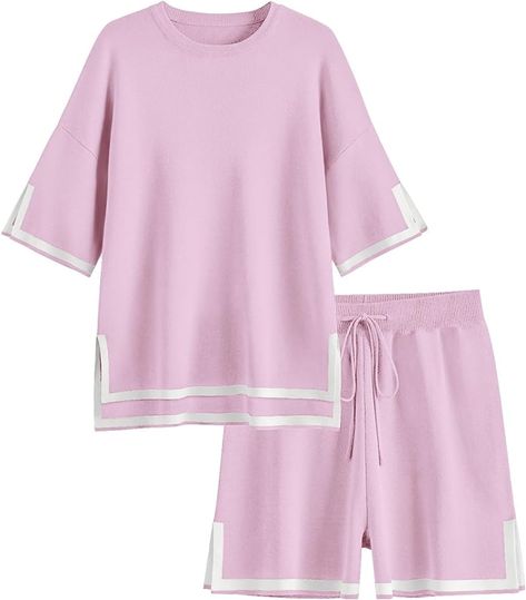 Ekouaer Womens Knit Pajamas Set 2 Piece Sweater Sets Short Sleeve Pullover Tops Loungewear 2 Piece Sweater, Knit Pajamas, Sweater Sets, Knit Lounge Set, Spring Clothing, Cozy Loungewear, Knitted Tops, Trends 2024, Short Sleeve Pullover