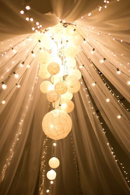 "Outdoor or indoor, this is gorgeous! All you need is tulle, round bulb string lights (or Christmas lights), paper lanterns, and you could use fishing line to hold it up!" Wedding Reception Hall, Lantern Ideas, Bulb String Lights, Fishing Line, Wedding Reception Decorations, Wedding Lights, Paper Lanterns, Wedding Planners, Trendy Wedding