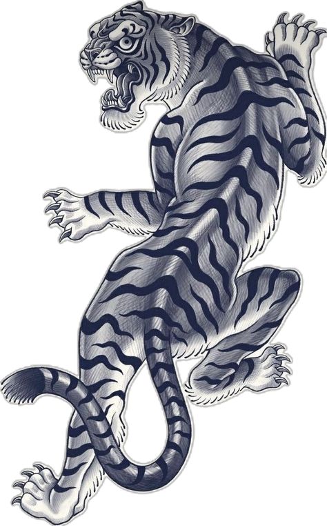 Full Body Tiger Tattoo Design, Traditional Tiger Back Piece Tattoo, Tiger Climbing Up Tattoo, Japanese Style Tiger Tattoo, Korean Tiger Tattoo South Korea, Climbing Tiger Tattoo, Crawling Tiger Tattoo, Thai Tiger Tattoo, Old School Tiger Tattoo