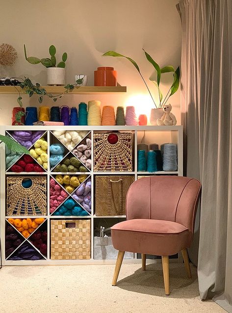 How to Create a Knitting Room with an IKEA Kallax Unit and Inserts Kallax Shelf Ideas, Kallax Craft Room, Kallax Styling, Kallax Unit, Ikea Kallax Shelving, Yarn Display, Ikea Kallax Unit, Knitting Space, Kallax Shelving