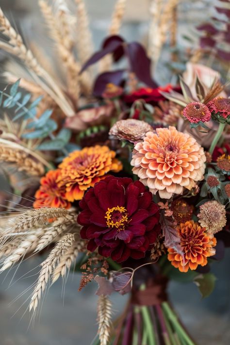 Bouquets for fall weddings capture the season's essence through their lush, warm colors and rustic appeal. These floral creations add a romantic, earthy vibe, enhancing the enchanting atmosphere of any autumn celebration. Vintage Fall Wedding Bouquet, Fall Natural Wedding, Fall Wedding Colors October Floral Arrangements, Pussywillow Bouquet Wedding, Fall Peonies Bouquet, Fall Colored Bouquets, Rustic Wedding Bouquet Fall Color Schemes, Unique Fall Flower Arrangements, Wedding Rustic Bouquets