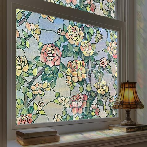 PRICES MAY VARY. 【Exquisite Design with The Beast's Rose】Transform your space with The Beast's Rose stained glass window film. This decorative window film features a stunning rose design inspired by timeless fairy tales, adding a touch of magic and elegance to any room. The intricate pattern mimics real stained glass, making it a captivating addition to your home or office décor. 【Easy and Adhesive-Free Installation】Our easy-to-apply stained glass film sticks without glue: measure, cut, wet, and Stained Glass Window Clings, Glass Window Decals, Window Privacy Film, Stain Glass Window Art, Window Stained, Stained Glass Window Film, Decorative Window Film, Glass Window Art, Church Windows