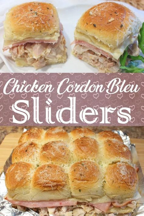 Chicken Swiss Cheese, Chicken Cordon Bleu Sliders, Shredded Chicken Sliders, Cordon Bleu Sliders, Dnd Snacks, Food Sliders, Recipes Sliders, Slider Ideas, Sliders Sandwiches