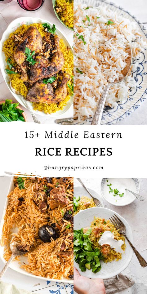 Four photos of middle eastern rice recipes: Chicken mandi in a platter, Arabic rice in a blue patterned plate, Lamb kabsa in a rectangular dish and chicken shawarma rice being held in a plate with a fork Middle Eastern Rice Recipes, Middle Eastern Rice, Middle Eastern Chicken, Middle Eastern Cuisine, Rice Side Dish Recipes, Middle East Recipes, Easy Rice, Lebanese Cuisine, Rice Side Dishes