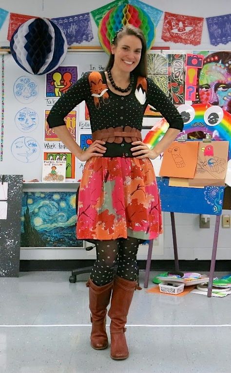 art teacher outfit Teacher Wacky Wednesday Outfit, Wacky Wednesday Outfit For Teachers, Wacky Wednesday Outfit, Art Teacher Outfits, Teacher Outfits High School, Wednesday Outfit, Winter Teacher Outfits, Cassie Stephens, Wacky Wednesday