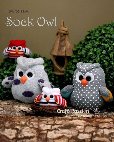 How To Sew Sock Owl Difficulty: Intermediate / Avid Beginner Finished size: approximately 5 1/2″ (W) x 4 1/2″ (H) Sock Owl, Owl Socks, Sock Dolls, Sock Toys, Diy Socks, Sock Crafts, Animal Sewing Patterns, Owl Pet, Owl Crafts