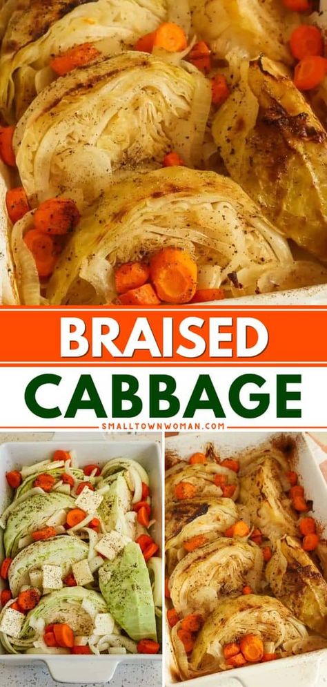 Give this simple veggie recipe a try! Made with carrots, onions, seasonings, plus a splash of vinegar, this oven braised cabbage is a tasty vegetable side dish for dinner. Pin this for later! Braised Cabbage And Carrots, Recipe With Carrots, Cabbage Dishes, Cabbage And Carrots, Celery Recipes, Veggie Recipe, Cabbage And Potatoes, Braised Cabbage, Vegetable Side Dish