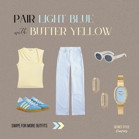 Spring-summer colour combo I’m loving- light blue & butter yellow! 🌼🦋 See how I style these colours together with different outfits. Follow The Secret Style Diaries for more colourful outfit inspo and styling tips! 🩵 💛 #springfashion #springsummer #springtrends2024 #whatstrendingnow #fashionpost #chiclooks #fashionblogger #lookbook #instafashion #pastelaesthetic #pasteloutfits #paste... Pastel Yellow Outfit, Vegas Fits, Blue Summer Outfits, Blue Color Combinations, What Is Trending Now, Style Moodboard, Color Combinations For Clothes, 2024 Outfits, Pastel Outfit