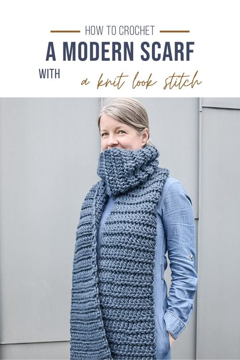 Learn how to crochet this oversize crochet scarf from a FREE crochet pattern by Only As Brave. Crochet this modern chunky scarf using Lion Brand Wool Ease Thick & Quick yarn and easy crochet stitches. A beginner friendly pattern! #FreeCrochetPattern #CrochetPattern #CrochetScarf Denim Drift, Chunky Crochet Scarf, Modern Scarf, Crochet Shawl Free, Garter Stitch Knitting, Crochet Patterns Ideas, Crochet Throw Pattern, Crochet Patterns Free Beginner, Lion Brand Wool Ease