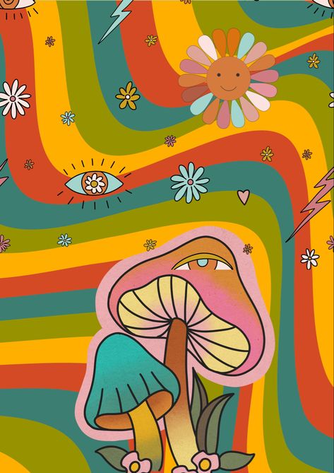 poster image with mushrooms 70s Mushroom Art, Graffiti Monsters, Mushroom Vibes, Mushroom Nails, Mushroom Theme, Parking Spot Painting, Mushroom Poster, Mushroom Paint, Groovy Christmas