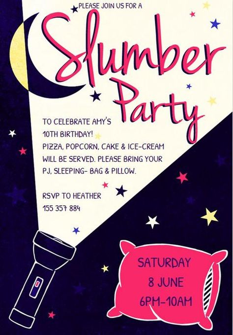 7 Free, Printable Sleepover Invitations Your Daughter Will Love: Flashlight Slumber Party Invitation by Greetings Island Sleepover Invitation, Boy Sleepover, Girls Sleepover Party, Slumber Party Invitations, Slumber Party Birthday, Sleepover Invitations, Girls Slumber Party, Sleepover Birthday, Pijama Party