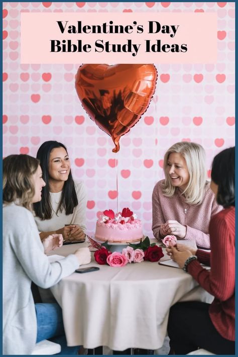 Group of women gathered around a table with a pink cake, roses, and heart-shaped balloon, discussing Valentine's Day Bible study ideas. February Bible Study, Youth Ministry Valentine Ideas, Valentines Bible Study, Valentines Womens Ministry Ideas, Women’s Bible Study Brunch, Galentines Party Ideas Christian, Christian Valentines Party, Church Group Activities, Ladies Ministry Ideas