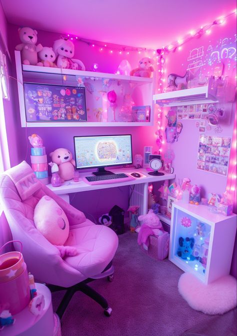 Pink Desk Setup Aesthetic, Cute Gaming Setup Pink, Nezuko Bedroom, Kawaii Gaming Aesthetic, Pink Gaming Set Up, Kawaii Maximalism, Cottagecore Pc Setup, Cute Computer Setup, Pink Computer Setup