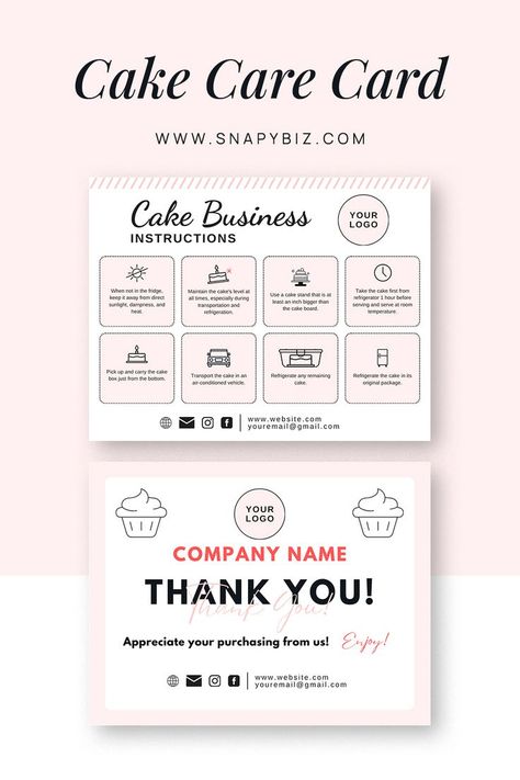 Editable Cake Care Card Instructions Template | Customizable Cake Care Canva Guide | Cake Care Canva Cake Care Card, Cake Transport, Thank You Customers, Homeschool Planner, Business Thank You Cards, Instagram Engagement, Types Of Cakes, Pinterest Templates, School Planner