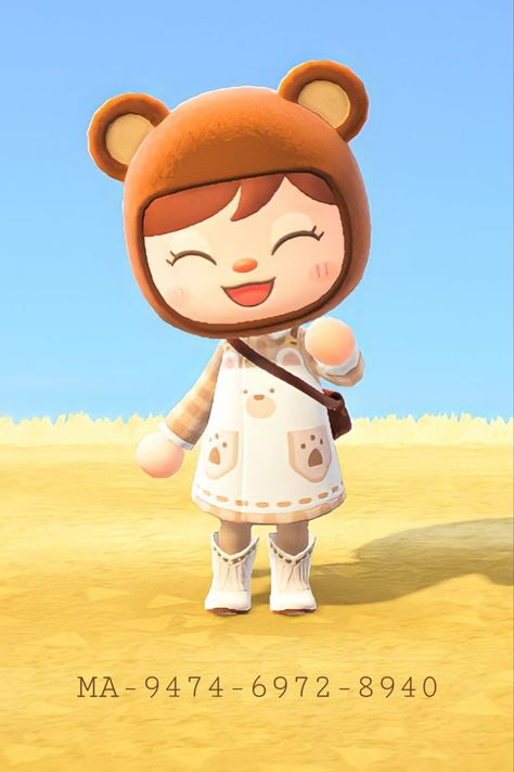 My animal crossing character with custom bear design dress bag and bear cap with cowboy boots Animal Crossing Bear Design, Bear Animal Crossing, Acnh Bear Villagers, Animal Crossing Character Design, Acnh Bear Clothes, Hats Animal Crossing, Hat Design Animal Crossing, Geeky Humor, Puppet Patterns