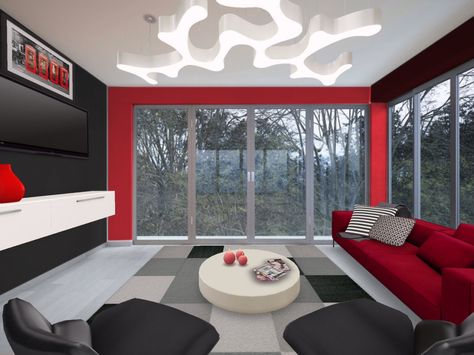 Red and Black living room.... Love it.... I want to make my red and black couch turn into an entire living room. Black Red Room, Red And Black Living Room, Couples Bedroom Ideas, Bed Interior Design, Rock Bedroom, Carousel Template, Industrial Decor Living Room, Black Couch, Black Living