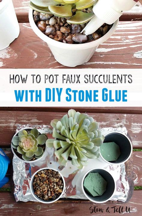 Potting- Faux Succulents with DIT Gravel Glue | How to make stone glue | stowandtellu.com How To Make Fake Succulent Arrangements, Fake Succulents Decor, Gravel Glue, Faux Succulent Arrangements, Succulent Arrangements Diy, Soil Recipe, Succulents Arrangements, Outdoor Succulents, Stone Glue