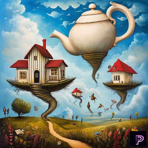 Enter a surreal world where teapots float and houses walk beneath a dreamlike sky. 🌌☕ 

What whimsical surrealism will your art reveal today? 

#AI #Art #PicassoAIArt #SurrealArt #Dreamscape Whimsical Surrealism, Surreal World, City Drawing, Surrealism Photography, Surrealism Painting, Geometric Form, Garden Theme, Surreal Art, Dali