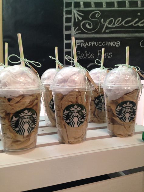 Frappuccino cup party favors Starbucks Themed Games, Starbucks Party Decorations, Coffee Birthday Party, Cup Party Favors, Coffee Themed Party, Starbucks Theme, Starbucks Birthday Party, Starbucks Crafts, Starbucks Party