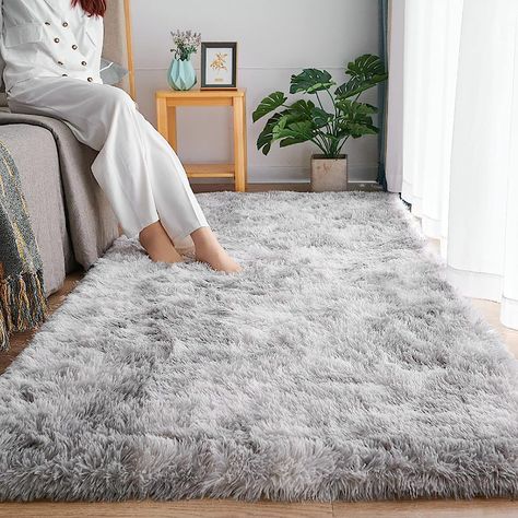 SOANNY Rug for Living Room, Bedside Rug Soft Fluffy Lounge Rugs For Living Room Bedroom Dorm Nursery Kids Room, Luxury Tie-dyed Shag Throw Area Rug Decor Carpet, Light Grey, 90x150 cm Dye Carpet, Bilik Permainan, Fuzzy Rug, Sunroom Decorating, Light Grey Rug, Plush Area Rugs, Fluffy Rug, Bedroom Flooring, Simple Bedroom