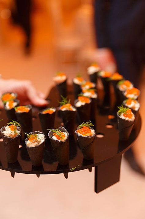 Wedding Appetizers, Wedding Food Ideas, Wedding Food, Wedding Reception Food Ideas, Finger Food Ideas || Colin Cowie Weddings Sushi Passed Appetizers, Classy Wedding Food, Classy Finger Foods, Wedding Dinner Food, Appetizers Wedding, Poached Shrimp, Ice Wedding, Passed Appetizers, Wedding Finger Foods