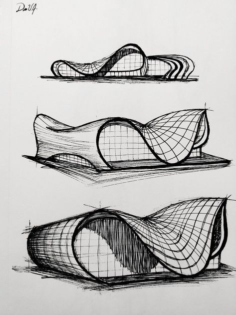 Zaha Hadid Architects Sketch, Zaha Hadid Inspired Architecture, Architecture Drawing Inspiration, Arch Drawing Sketches, Sketches Houses Architecture, Zaha Hadid Drawings Sketches, 3d Design Drawing, 3d Architecture Drawing, Sketch Up Architecture 3d