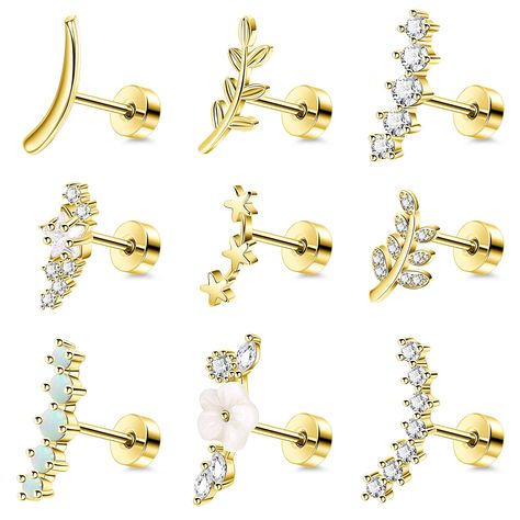 PRICES MAY VARY. CARTILAGE STUD EARRINGS:One Order Comes with 9Pcs 16G Stainless Steel Curved Cartilage Earrings Stud with Different Styles, Including Opal Cartilage Stud, CZ Cartilage Earrings, Flower Cartilage Stud, Leaf Cartilage Earrings and so on. Give You More Daily Choices. SUITABLE SIZE:Cartilage Stud Earrings Gauge: 16G (1.2MM), While There are Two Bar Length Available: 6MM Or 8MM. Common Sizes are Suitable for Most People, Perfect Cartilage Tragus Piercing, Fit for Women and Men. RELIA Double Forward Helix Earrings, Cute Tragus Piercing Jewelry, Flat Helix Earrings, Earrings For Helix Piercing, Helix Pericing, Cartlidge Earrings, Daith Ear Piercing, Conch Piercing Stud, Flat Earrings