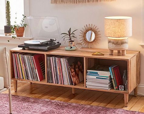 You tend to see these by smaller independent makers, but this Amelia retro vinyl credenza at Urban Outfitters brings it to the high street. Already limited stock though. Urban Outfitters Apartment, Low Credenza, Urban Outfitters Bedroom, Record Storage Cabinet, Vinyl Room, Record Room, Urban Outfitters Home, Vinyl Record Storage, Vinyl Storage