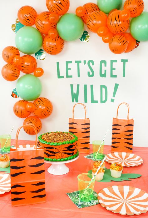 How to Make Tiger-Striped Treat Bags | Crafting the Party Garfield Birthday, Virtual Birthday Party, Lipsense Party, Daniel Tiger Birthday Party, Tiger Birthday Party, Virtual Birthday, Boys Birthday Party Decorations, Tiger Birthday, Bronx Zoo