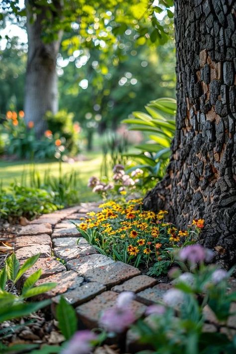 Creative Brick Tree Ring Ideas for Your Yard Yard Flowers Ideas Backyards, Bricks Landscaping Ideas, Brick In Landscaping, Landscape With Bricks, Garden Brick Ideas, Woods Edge Landscaping, Garden Path Landscaping, Rock Perimeter Around House, Brick Around Tree Ideas