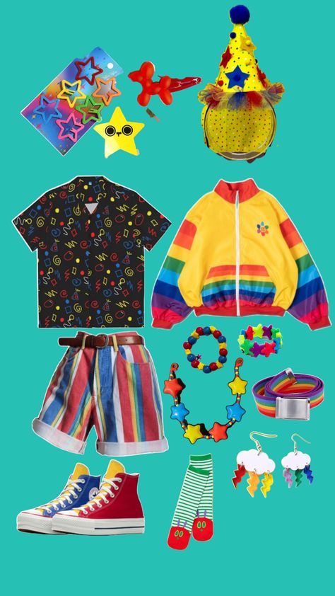 I’m just making fit ideas I wish I had these clothes 😭 Clowncore Outfit, Kid Core Outfits, Rainbow Clown, Kidcore Clothing, Clown Outfit, Silly Clothes, Clown Party, Clowning Around, Rainbow Outfit