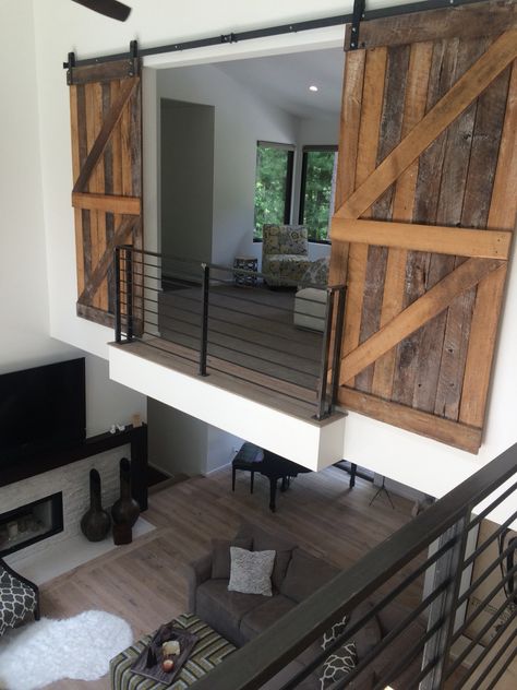 Loft Master Bedroom with Barn Doors Barn Homes With Loft, Fancy Loft Apartment, House With Upstairs Loft, Loft To Bedroom Conversion, Loft In Shop Ideas, Loft With Barn Doors, Master Loft Bedroom Ideas, Barndo Loft Ideas, Farmhouse Loft Ideas Upstairs