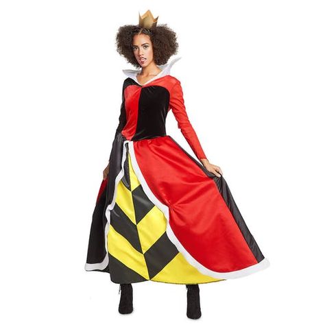 15 Delightful Disney Halloween Costumes for the Whole Crew | Brit + Co Queen Of Hearts Halloween Costume, Disney Villain Costumes, Queen Of Hearts Halloween, Wonderland Queen Of Hearts, Alice In Wonderland Queen, Stretch Velvet Dress, Queen Of Hearts Alice, Heart Costume, Queen Of Hearts Costume