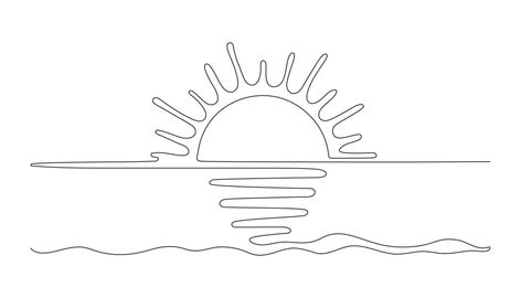 Ocean Drawing Simple, Sunset Outline, Sunset And Sunrise, Sunrise Ocean, Ocean Drawing, Drawing Vector, One Line Drawing, Drawing Simple, Continuous Line Drawing