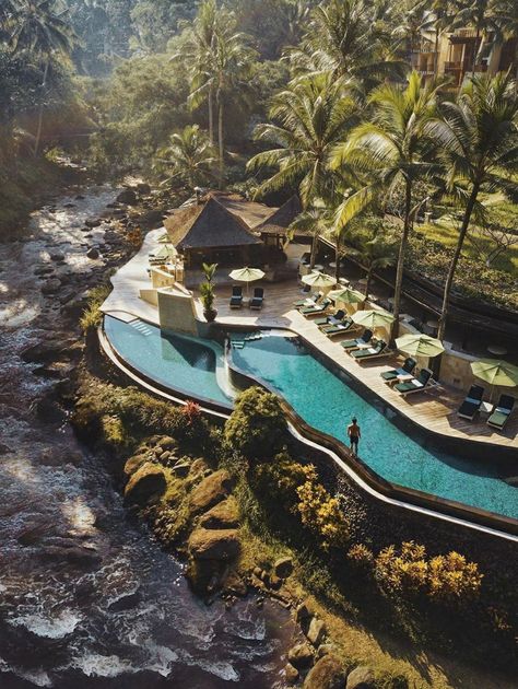 Mountain Resort Design, Factory Architecture, Lagoon Pool, Small House Design Exterior, Resort Design, Ubud Bali, Architecture Design Concept, Exotic Places, Village House Design