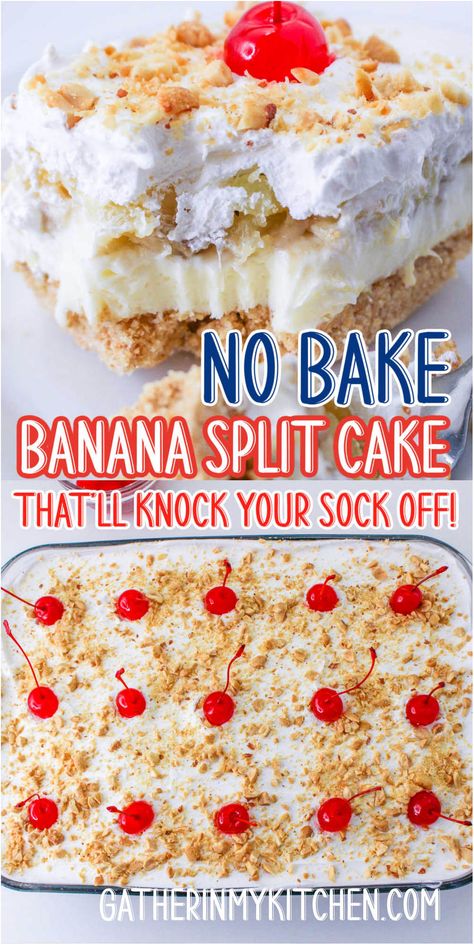 No Bake Banana Split Cake, Cool Desserts, Banana Split Cake Recipe, Banana Split Dessert Recipes, Bake Banana, No Bake Summer Desserts, Banana Split Cake, Split Cake, Banana Split Dessert