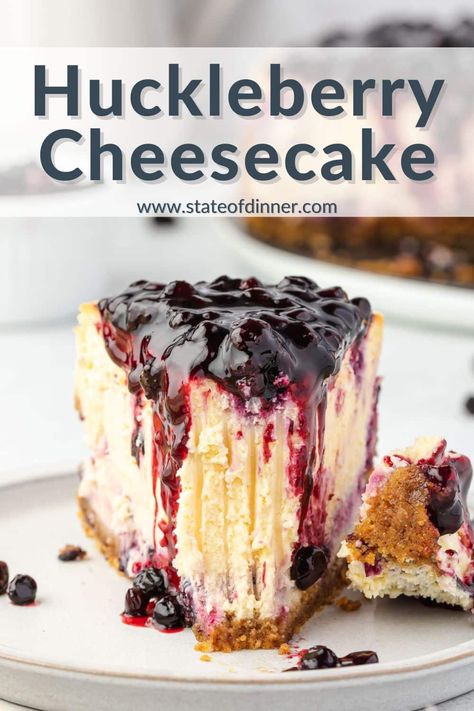 This Huckleberry Cheesecake recipe is ridiculously good! The cheesecake is rich, dense, and incredible on its own, and made even better with the tart and sweet huckleberry topping! If you don't have access to fresh huckleberries, we also include a recipe where you can make this with huckleberry preserves. Blueberry Cheesecake Recipes, Huckleberry Desserts, Homemade Blueberry Cheesecake, Huckleberry Cheesecake, Huckleberry Recipes, Cheesecakes Recipes, Blueberry Cheesecake Recipe, No Bake Blueberry Cheesecake, Cheesecake Toppings