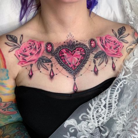 Women Chest Tattoo, Gem Tattoo, Jewel Tattoo, Rose Tattoos For Women, Butterfly Tattoos For Women, Tattoos For Women Flowers, Flower Tattoo Shoulder, Chest Tattoos For Women, Chest Piece Tattoos