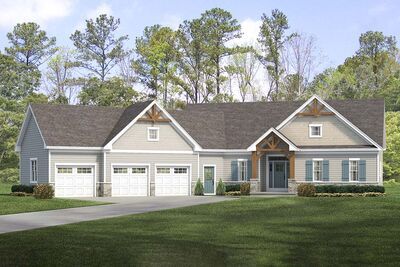 Timber-framed gables match the front porch on the exterior of this exclusive, country Craftsman house plan. The 3-car garage protrudes at a 45 degree angle and includes storage space. A coat closet greets you in the foyer, while straight ahead, an open-concept floor plan is revealed. The cathedral ceiling rises above the living spaces, centered above a comforting fireplace. Plenty of workspace in the kitchen helps when preparing meals, and close proximity to the garage makes unloading groceries 1700 Sq Ft House Plans, Country Craftsman House, Country Craftsman House Plans, Craftsman Houses, 1500 Sq Ft House, Ranch Houses, 45 Degree Angle, Porch House Plans, Country Craftsman