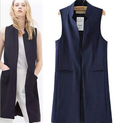 Women Long Vest Jacket, Long Coat, Sleeveless, Black, Navy, White Clothing Type: Outerwear & Coats Outerwear Type: Coat, Vest Closure Type: Covered Button Fabric Type: Broadcloth Collar: Mandarin Collar Color Style: Contrast Color Decoration: Pockets Style: Fashion Material: Cotton, Polyester, Spandex Pattern Type: Solid Sleeve Style: Sleeveless Size (cm) S M L Bust 90 94 98 Cuff Width 24 25 26 Vest Length 92 93 94 Long Vest Jacket, Office Outfits Women Casual, Fall Suit, Sleeveless Blazer, Office Casual Outfit, Long Coat Jacket, Office Outfits Women, Long Coat Women, Long Vest