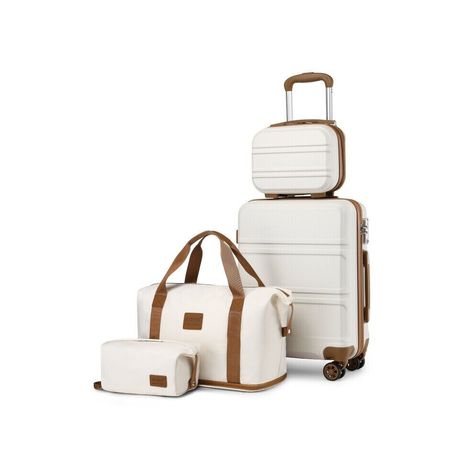 4Pcs Cream Travel Set 12+20 Inch ABS Hard Shell Suitcase and Travel Bags Cream Colour Summary Perfect for leisure and fashionable travelers, weekend getaways travelers, short business traveler. Our suitcase is made from lightweight and durable ABS hard shell TSA Lock is great for international travel because the TSA agent is able to check your luggage without breaking the lock. This suitcase also features silent 360°swivel twin wheels, allowing your luggage to glide smoothly and quietly through a busy airport or train station. The duffel bag expands for extra packing space. There is a zip at the bottom of the bag and when it opened, the tote bag will immediately increasing capacity. A small strap for securely attaching your bag to the handle of your suitcase as a set. Free up your hands an Hand Baggage, Travel Bag Set, Hard Shell Luggage, Waterproof Travel Bag, Hardside Luggage, Travel Clothes Women, Sac Week End, Carry On Suitcase, Vanity Case