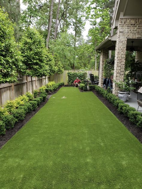 Backyard Ideas For Large Yards, Small Yard With Turf, Large Grass Backyard Ideas, Large Grass Backyard, Artificial Grass Side Yard, Eagleston Holly Trees Landscaping, Small Backyard Landscaping Astroturf, Turf Backyard, Rooftop Patio Design