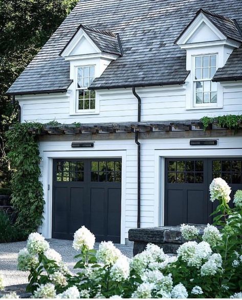 Black Garage Doors, Black Garage, Casa Exterior, Modern Farmhouse Exterior, Pergola Patio, Farmhouse Exterior, University Campus, Garage Design, House Goals