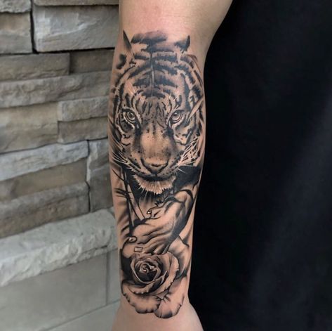 black and grey Tiger and flower half sleeve by Hon Tattoo Flower Half Sleeve, Realism Tattoos, Realism Tattoo, Half Sleeve, Realism, Half Sleeves, Black And Grey, Tattoos, Grey